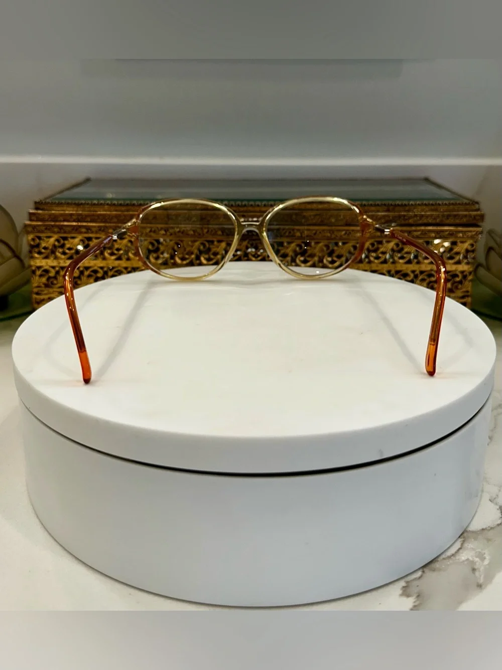 VTG Elizabeth Arden Orange & Gold Rounded Oval Patterned Rx Eyeglass Frames EUC